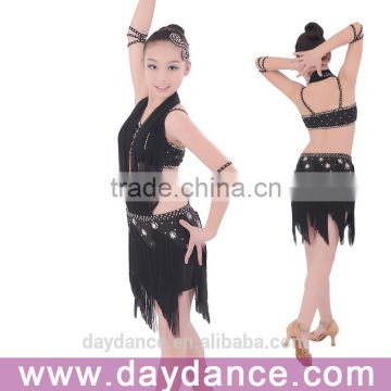 Black Fringe Salsa Competition Dress Hang Neck Girls Latin Dance Wear