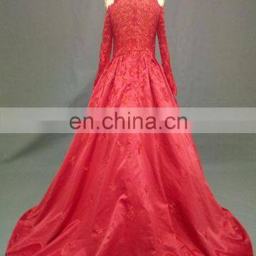Real Photo High Neckline Satin Appliques Beaded Red Muslim Evening Dress Long Sleeve photo-2