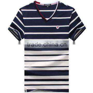 2016-New-Fashion-Brand-V-Neck-Slim-Fit-Short-Sleeve-T-Shirt-Men-Tee-Trend-Casual blue strip Standard Sports