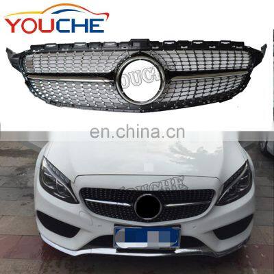 Diamond Front Grille Grille for Mercedes Benz C Class W205 C250 C300 C400 sport line 2015-2018 Black