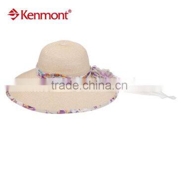 Most popular wide brim folding straw with silk ribbon