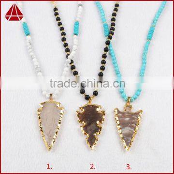 Arrowhead jasper agate pendant necklace with 5-6mm mixed beaded chain