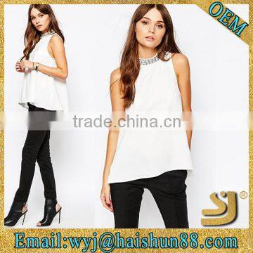 2016 Embellished western latest fashion design chiffon lady sleeveless white blouse                        
                                                Quality Choice
                                                    Most Popular