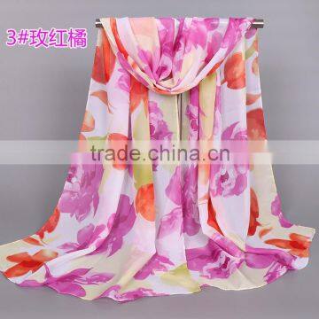 girls popular fashion chiffon silk printed big flower scarf summer thin design muslim hijab Muffler shawls