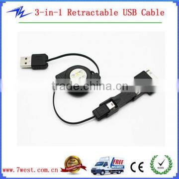 USB Connector Charger 3 in 1 Retractable USB Data Cables for samsung/iphone/mobilephone