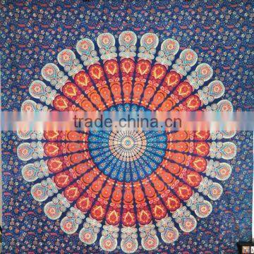 Bohemian Block Printed Bed Sheet /Bed Spread Hippie Mandala Indian Tapestry, Blue Cotton Mandala Bed cover