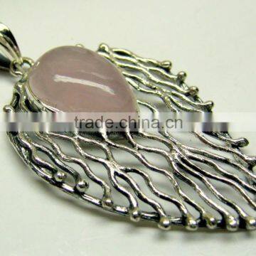 Rose Quartz Pear Oxidised Cabochon Gemstone Pendant, 925 Solid Sterling Silver Pendants, Designer Bezel Casting Pendant