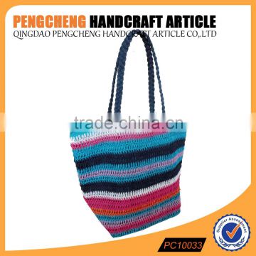 Colorful rainbow color stripe beach bag woven handle with paper straw material handbag