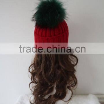 Top Grass Green Raccoon Fur Pompom Beanie Knit Rib Red Hat Huge Fur Ball Knitted Wool Acrylic Cap photo-3