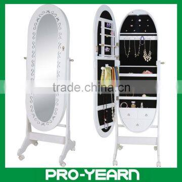 Oval Floor Standing Wooden Furniture Chinese Mirrored Jewelry Cabinet with LED Light, Casters and Delicately Carved Door Surface