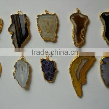 Assorted Natural Banded Agate Electroplated Slices Pendants