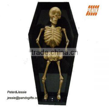 Mini plastic Skeleton in the coffin with sound,light,play pendulum