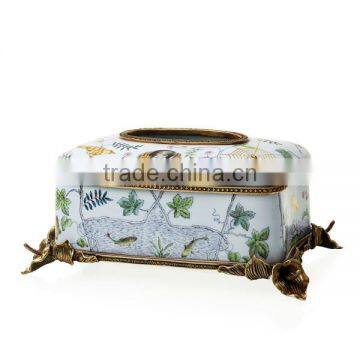 Elegant Blue & White Painting Ceramic Compote, Home Decorative Compotier, Porcelain Fruit Bowl With Bronze Triangle Base, photo-2