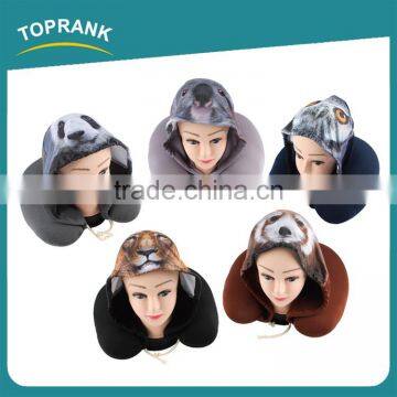 Toprank Custom Elastic Fabric Printed Animal Travel Hoodie Neck Pillow U Shape Microbead Travel Neck Pillow With Hoodie