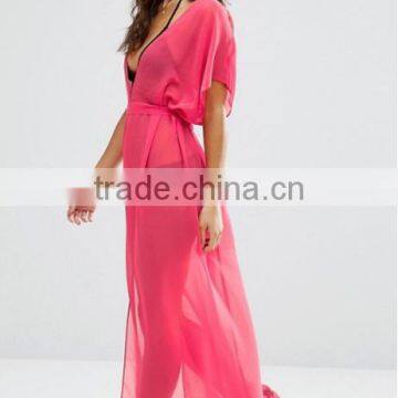 Summer New Style Pink Plain Split Front Deep V Neck Chiffon Maxi Beach Kaftan with Self Belt