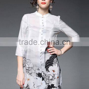 2016 Newest Summer Woman White Long Chinese Silk Shirts OEM Service