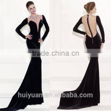 long sleeve see though back black velvet evening dress