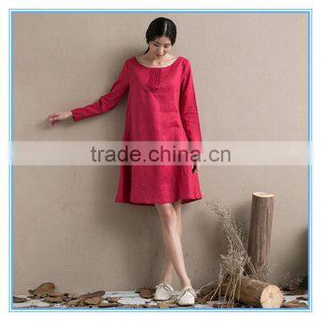 Fashion Red Linen Ladies Winter One Piece Dress of Large Size photo-6