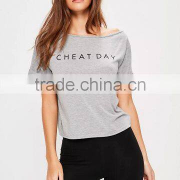 100% Cotton Pyjamas Set Grey Tee With Leggings Boat Neck Print Custom Logo Nightwear T Shirt With Roll Cuffed Sleeve photo-4