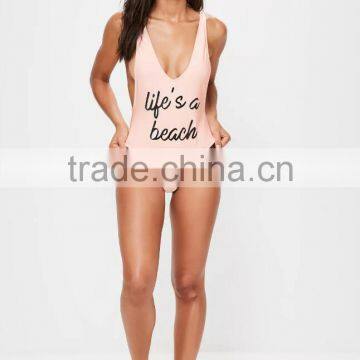 2017 Women Swimwear One Piece Sexy Low Side Sexy Swimsuit Spandex/Polyester Material Swimwear&Beachwear Letters Print photo-3