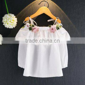 Children's 2017 Girls Flower Embroidery Long Sleeve White Shirt Lace Collar Little Girl Strapless Shirt Tank Top photo-2