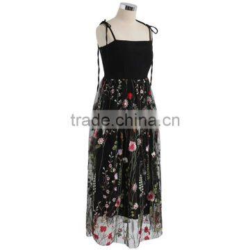 NEWEST WOMEN Self-tie Strap and Floral Embroidery Black Mesh Dress photo-6