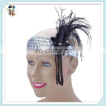 Flapper Elastic Silver Sequin Feather Party Headbands HPC-0771