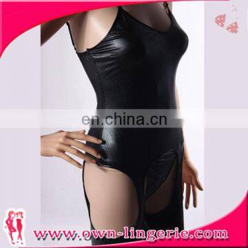 2017 sexy strapless Open crotch pants leather jumpsuit black Mature jumpsuit for adult