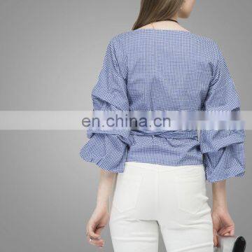 2017 Fashion Design Puff Sleeve Wrapped Top Deeper V Neck Ruched Sleeve Wrap Blouses In Blue photo-3