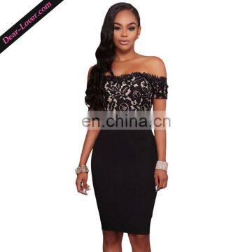 Wholesale Women Black Floral Lace Top Off Shoulder Midi Bodycon Dress