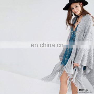 Chunky Knit Shawl Cardigan Sweater Open Front Poncho and Shawl with Fringed Hem