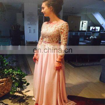 High Quality Chiffon Bateau Floor Length Long Sleeve Beaded Long Gown Backless Peplum Appliqued Evening Dresses