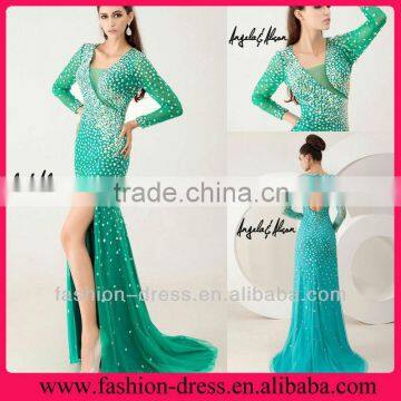 2014 Green Luxury Beaded High Slit Long Sleeve Evening Dress