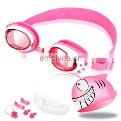 Swimming Goggles Silicone Nose Clip Ears Plug Shark Swim Cap Set Kids Girls Anti Fog Eyewear Swim Glasses Children