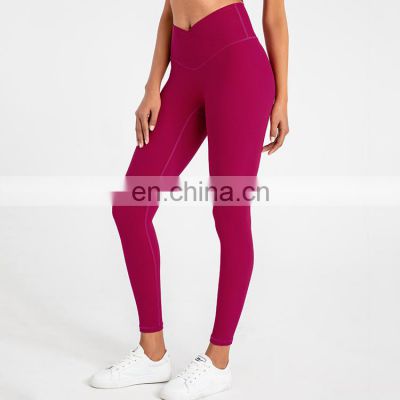 Ready To Ship Custom Logo 20 Neon Colors Yoga Leggings Cross Waistband High Waist Women Gym Sports Wear Yoga Tights Workout Wear