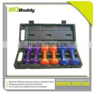 Portable vinyl/meoprene dumbbell sets with rack in PE case