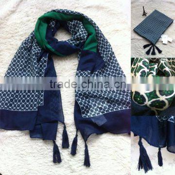 Classic Navy Blue Green Small Flower Print Hijab Scarf with Tassels