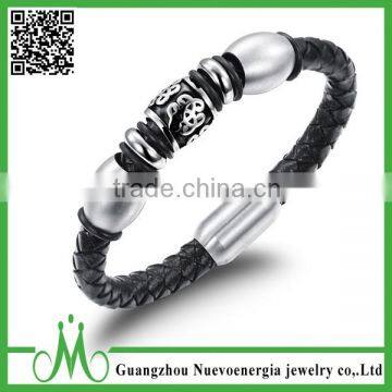 Exquisite Black Silver Men's Stainless Steel Braided Genuine Leather Rope Bracelet Tribal Braided Cuff Bangle