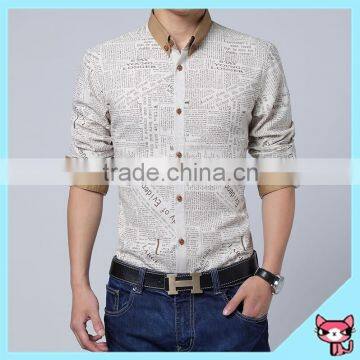 European Style Coffee Button English Words Printed Men Long Shirt