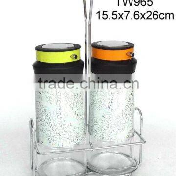 TW965 2pcs glass oil vinegar bottle with metal casing and rack