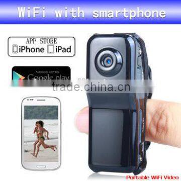 HD wireless portable wifi camcorder with clip home or outdoor sport using,sound control and smartphones remote monitoring