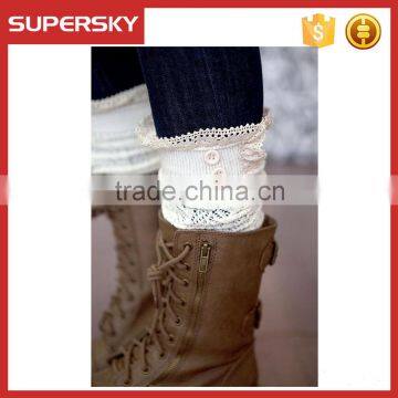 C03-7 Custom Open Knee High Knitted Lace Boot Socks With Crochet Lace Trim and Buttons Ruffled Boot Socks photo-2