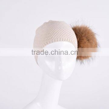 Girls Cotton Knitted Hats With Removable Raccoon Fur Pompoms at Side KZ160091 Supplier's Choice photo-2