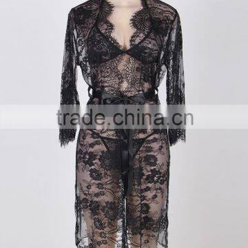 High quality black sexy sheer lone lace robe