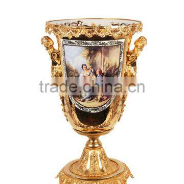 European Design Ceramic Planter of Children Playing Under The Base, Floral Painting Porcelain Compote and Brass Figurine Status photo-4