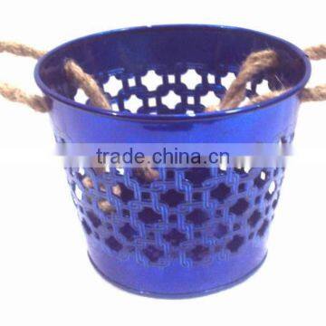 Blue color galvanized metal planter pot with jute handle for garden & home