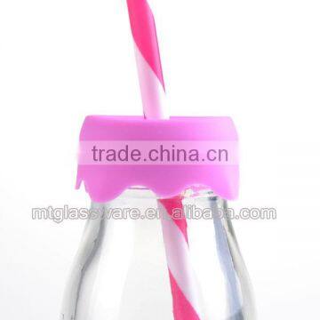 300ml Glass Milk Bottle With Plastic Lid and Straw photo-2