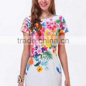 2015 Women Fashion White Short Sleeve Slim Florals Print Dress