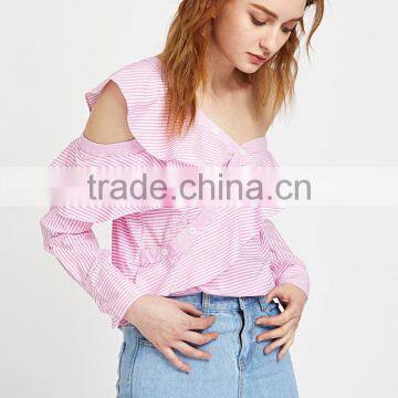 2017 New Blouse Neck Designs Pink Stripe Women Shirt LC8294 photo-2