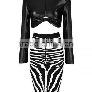 2 Pieces New Arrival KIardashian PU Leather Top Zebra Bandage Dress Brand Club Party Bodycon Dress photo-3